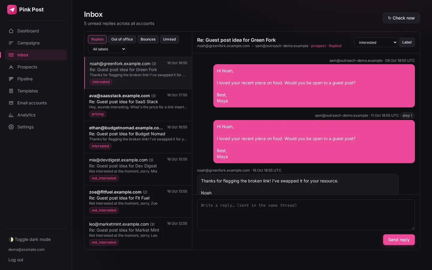 Unified inbox with reply labels across all connected mailboxes (dark mode)