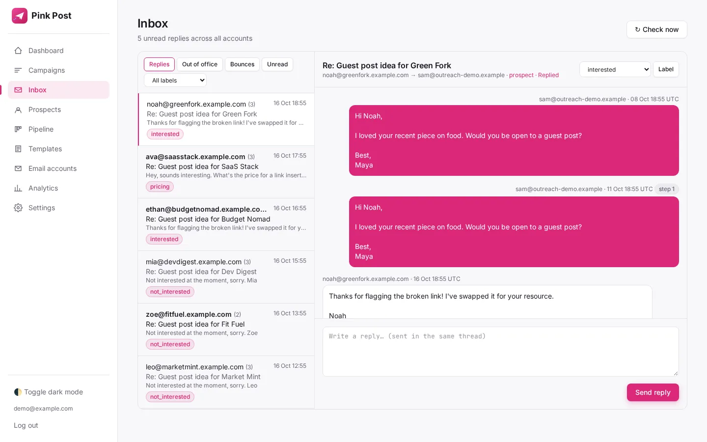 Unified inbox with reply labels across all connected mailboxes