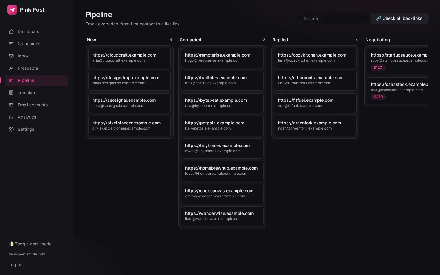 Deal pipeline from New to Link live with prices (dark mode)