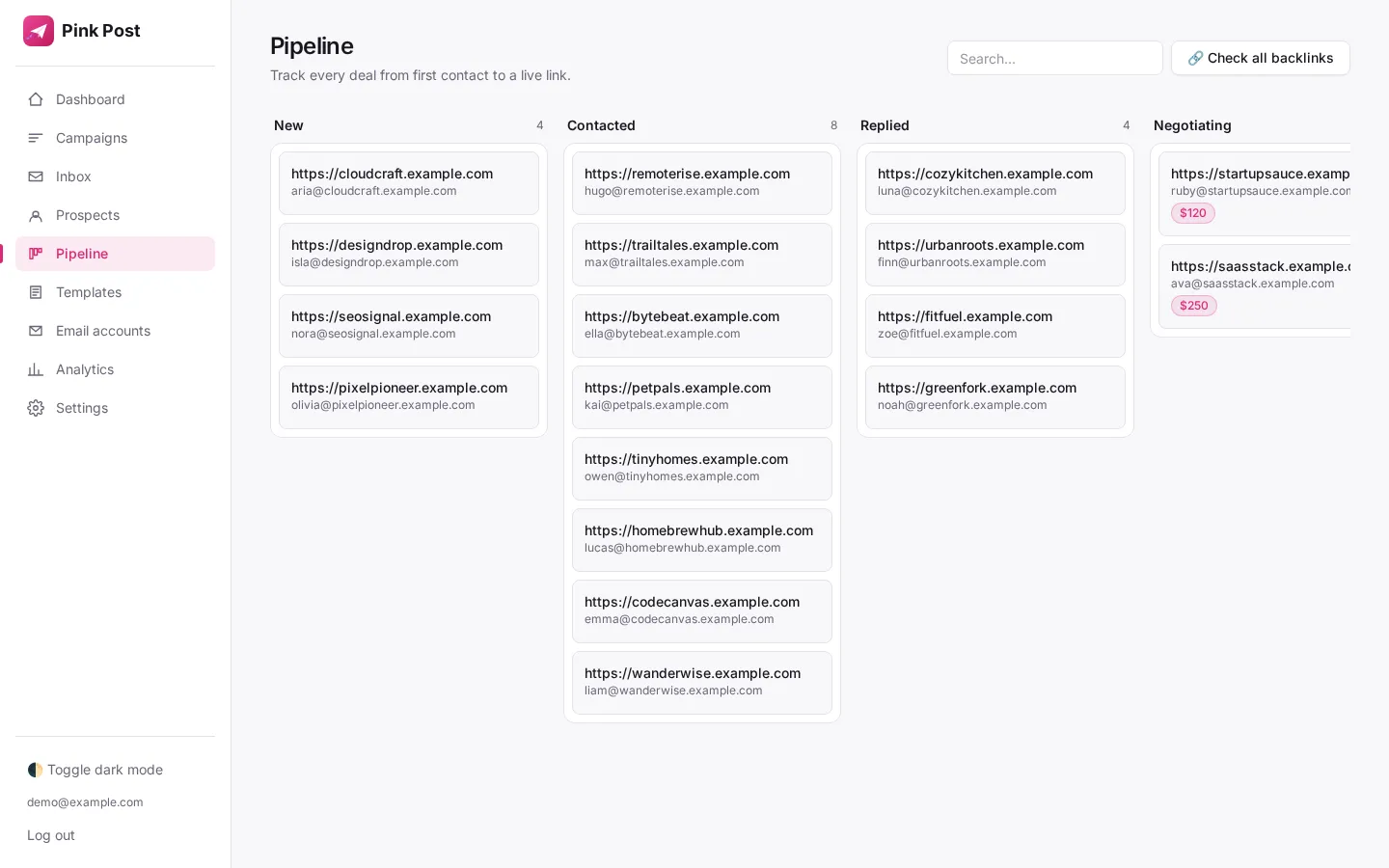 Deal pipeline from New to Link live with prices