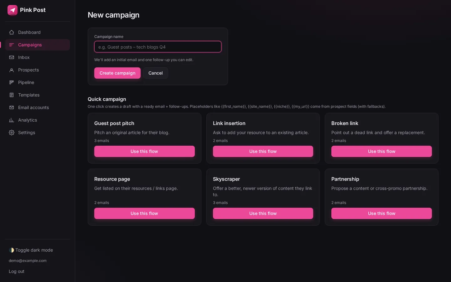 Quick campaign templates for guest post, link insertion and broken link outreach (dark mode)