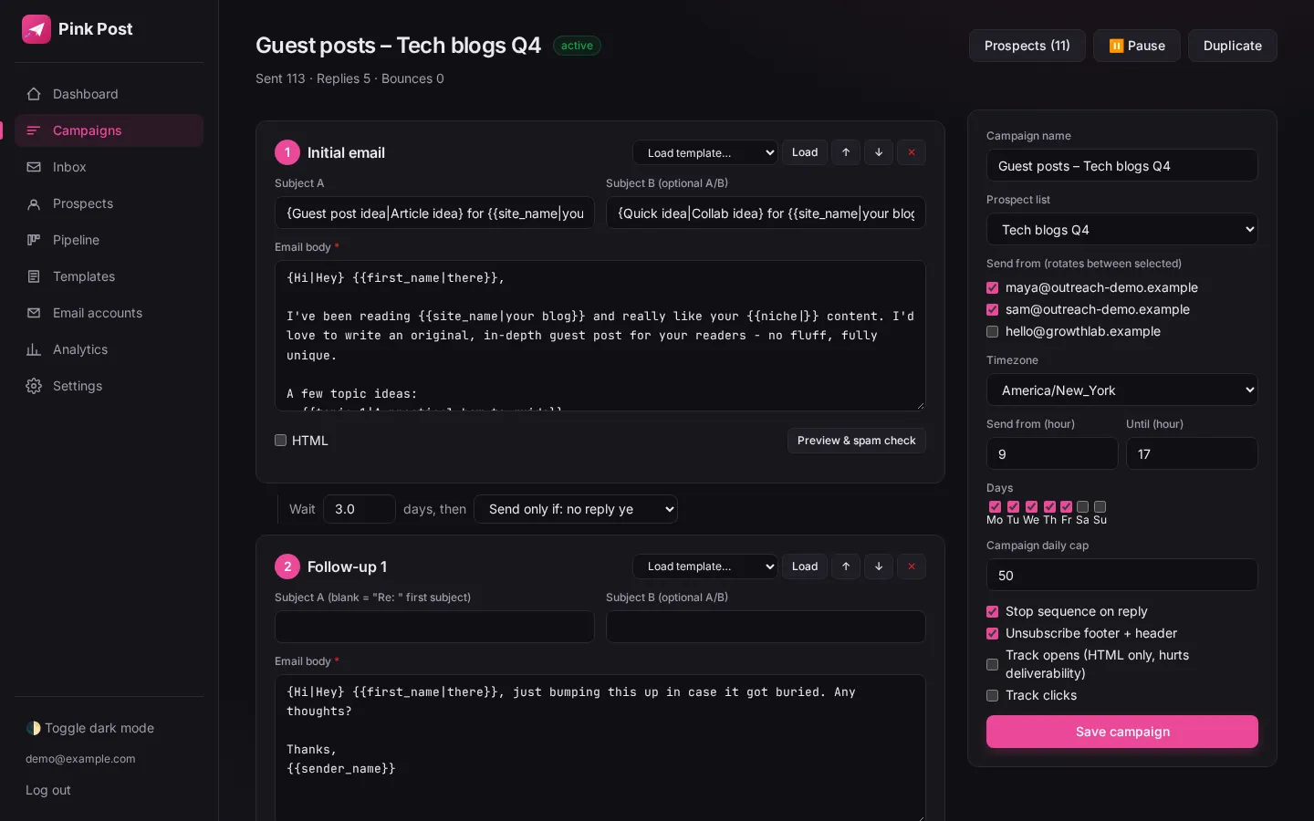 A multi-step sequence with follow-ups that stop on reply (dark mode)