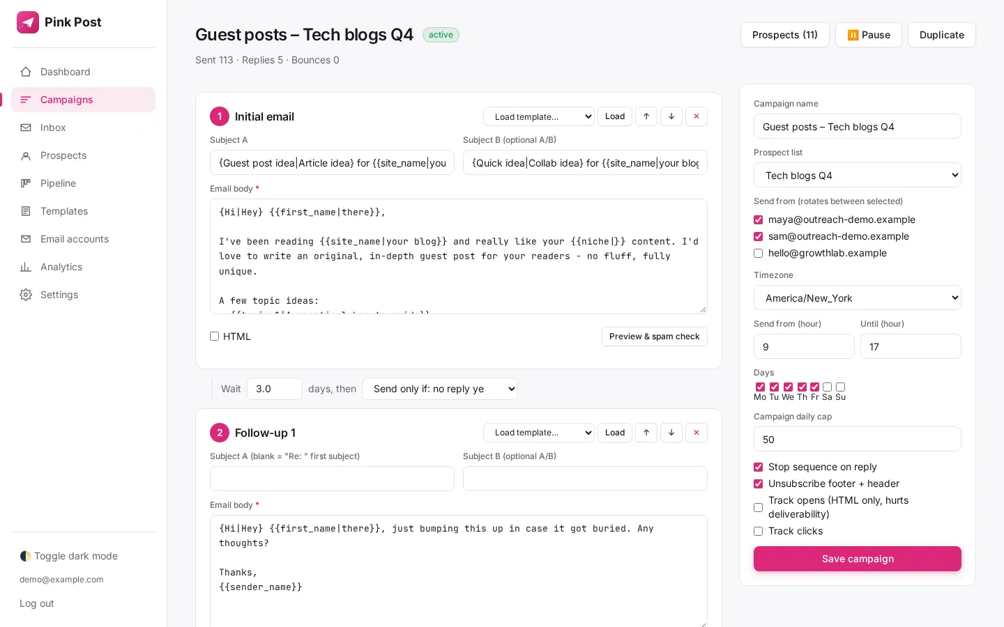 A multi-step sequence with follow-ups that stop on reply